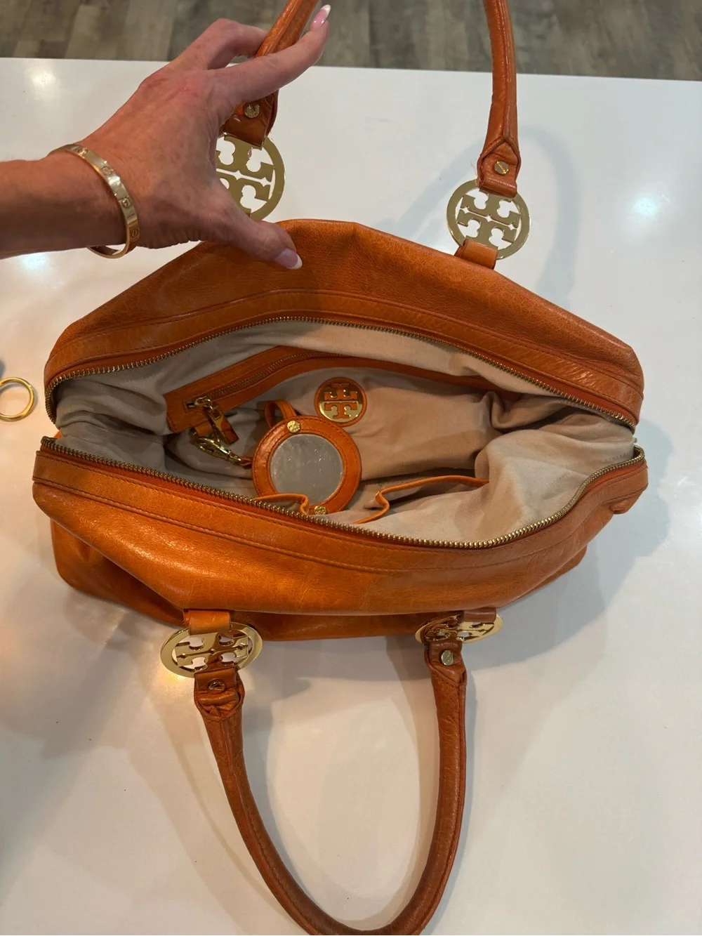 Tory Burch Orange Leather Double-Handle Shoulder Bag with Gold Logo Hardware